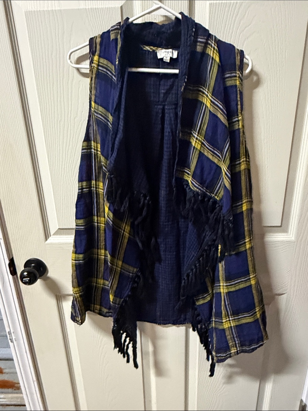 Umgee Navy and Yellow Plaid Fringe Vest
